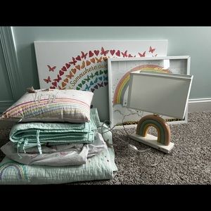Girls Pottery barn kids brand rainbow bedding set with accessories